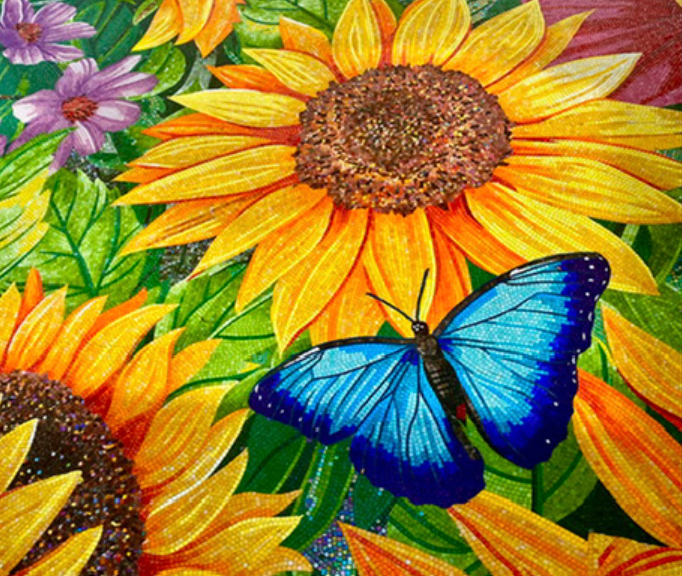 Sunflower Mosaic — Blue Butterfly Detail